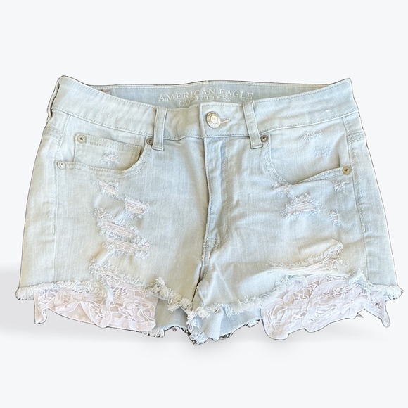 American Eagle Hi-Rise Shortie Distressed Lace Trim Denim Shorts Light Wash 6 - Picture 4 of 11